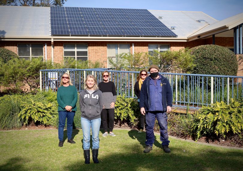 From left, Brigitte Warburton, Cathi Young, Marie Sutton and Ammanda Donnelly, with Stephen Cornthwaite (far right) of Micro Energy Systems Bodalla, who installed the school’s new solar system (Photo: SHASA)